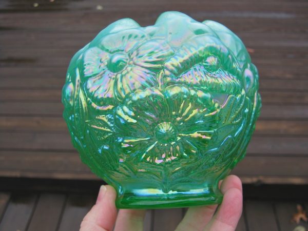 Fenton Green Opal Poppy Show Carnival Glass Crimped Rose Bowl
