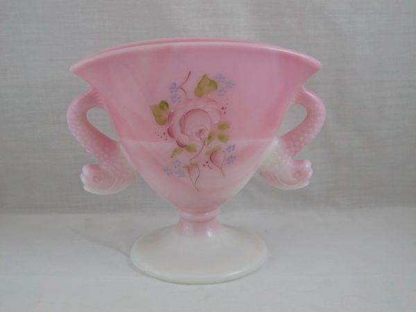 Fenton Dolphins Rosalene Pink Slag Enameled Art Glass Fan Vase