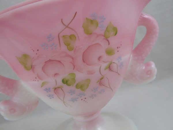 Fenton Dolphins Rosalene Pink Slag Enameled Art Glass Fan Vase
