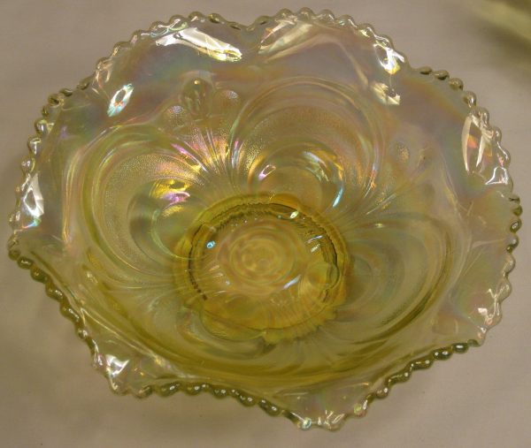 Summit Art Glass Vaseline Scroll Embossed Carnival Glass Bowl