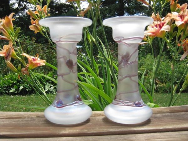 Poschinger Iridescent Aeolus Art Glass Candle Holders or Vases 