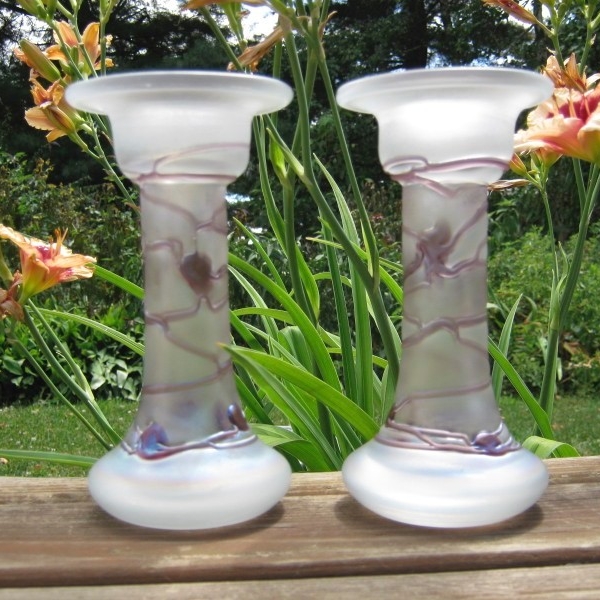 Poschinger Iridescent Aeolus Art Glass Candle Holders or Vases 