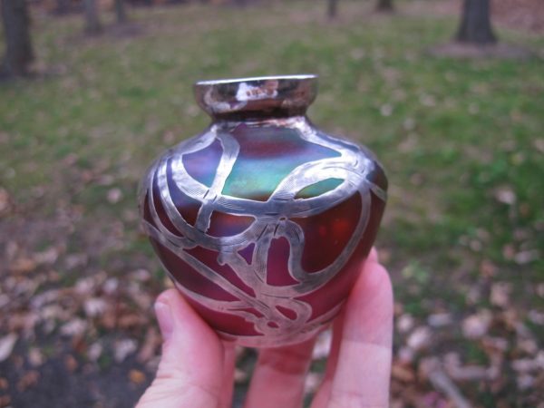 Antique Loetz Sterling Overlay Iridescent Cranberry Art Glass Vase
