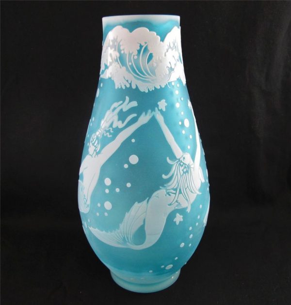 Kelsey Murphy Art Deco Mermaid Woman Bubbles Aqua Art Cameo Glass Vase