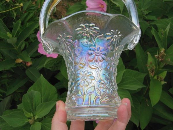 Imperial White Daisy Carnival Glass Whimsied Basket