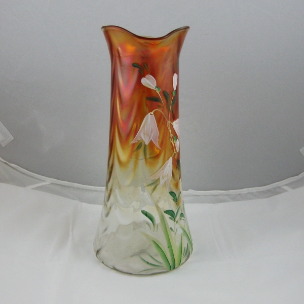 Antique Fenton Marigold Enameled Freesia Carnival Glass Tankard Pitcher