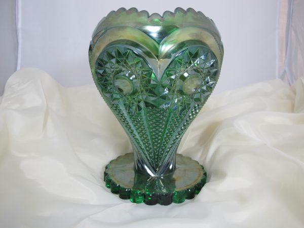 Antique Imperial Green Zippered Heart Carnival Glass Giant Rose Bowl