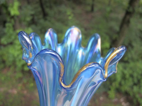 Antique Northwood Sapphire Blue Gold Trim Thin Rib Carnival Glass Vase