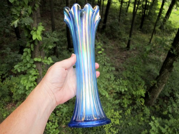 Antique Northwood Sapphire Blue Gold Trim Thin Rib Carnival Glass Vase
