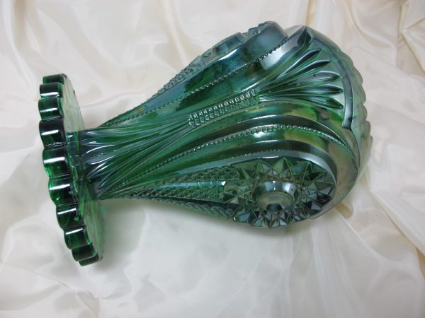 Antique Imperial Green Zippered Heart Carnival Glass Giant Rose Bowl