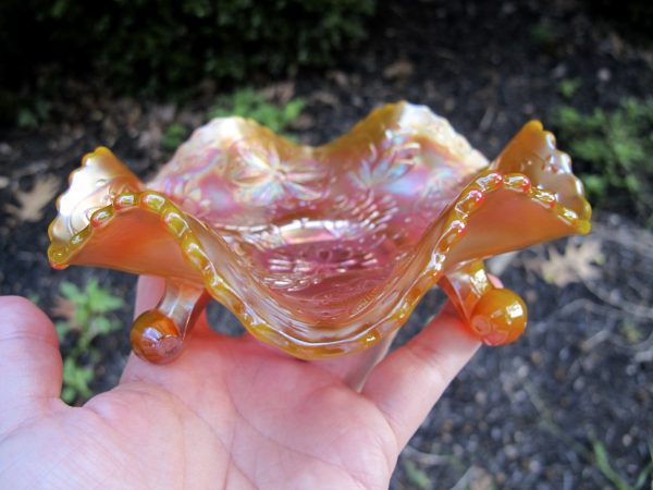 Antique Fenton Reverse Amberina Opal Waterlily Carnival Glass Bowl