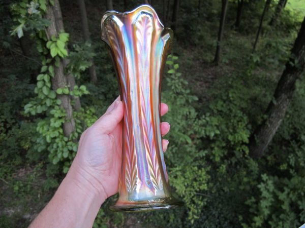 Antique Fenton Vaseline Plume Panels Carnival Glass Vase
