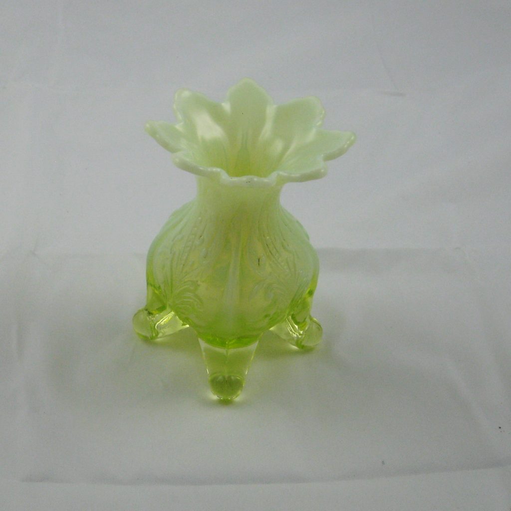 Antique Dugan Vaseline Opal Inverted Fan & Feather Opalescent Glass