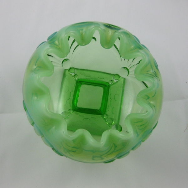 Antique Jefferson Green Opal Shell & Dots Opalescent Glass Crimped Rosebowl