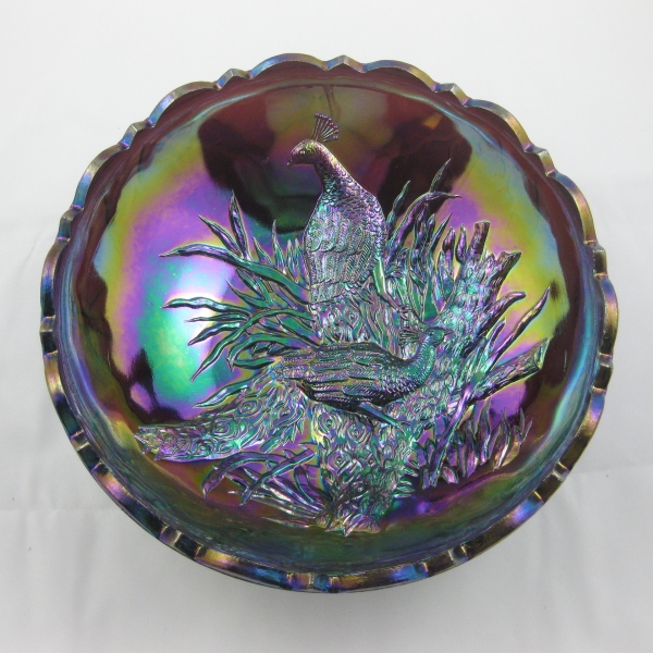 LG Wright Amethyst Peacocks with Butterfly back Carnival Glass Bowl