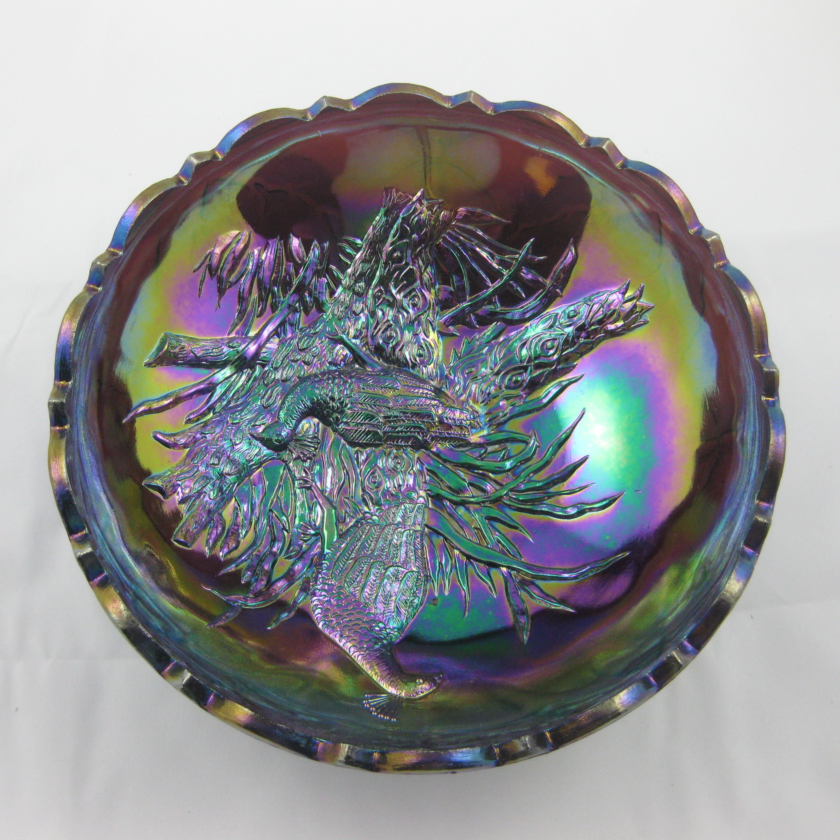 Lg Wright Amethyst Peacocks With Butterfly Back Carnival Glass Bowl Carnival Glass
