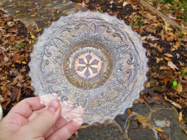 Antique Dugan White Garden Path Variant Carnival Glass Plate
