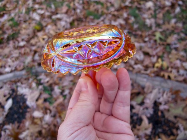 Antique Inwald Marigold Double Diamonds Carnival Glass Ring Tree Holder
