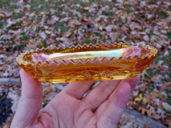 Antique Inwald Marigold Double Diamonds Carnival Glass Pin Dish Tray