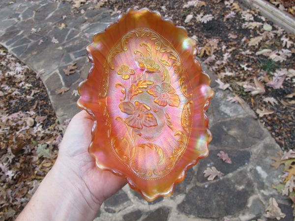 Antique Northwood Pumpkin Poppy Carnival Glass Pickle Dish