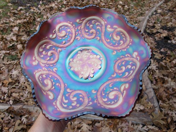Antique Fenton Amethyst Feathered Serpent Carnival Glass Lg. Bowl