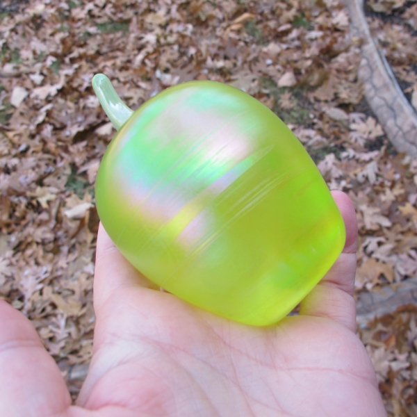 Gibson Vaseline Opal Apple Iridescent Art Carnival Glass Paperweight