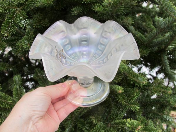 Antique Dugan White Coin Spot Indiana Fair Souvenir Carnival Glass Compote