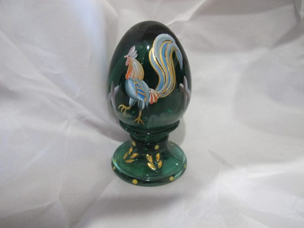 Fenton Teal Painted Rooster Art Glass Egg Paperweight