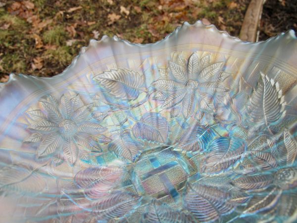 Antique Northwood Ice Blue Poinsettia & Lattice Carnival Glass Bowl