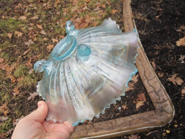 Antique Northwood Ice Blue Poinsettia & Lattice Carnival Glass Bowl