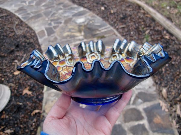 Antique Fenton Blue Captive Rose Carnival Glass 3N1 Bowl