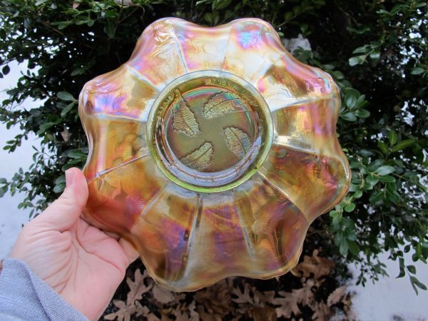 Antique Fenton Vaseline Thistle Carnival Glass Bowl
