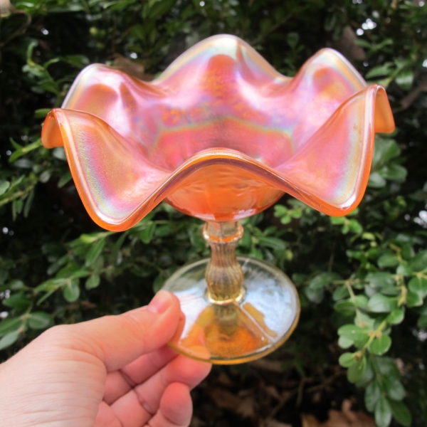 Antique Fenton Vaseline Orange Tree Carnival Glass Compote