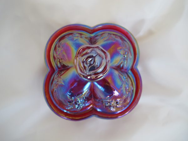 Fenton Red Roses Carnival Art Glass Trinket Jewelry Box Dish