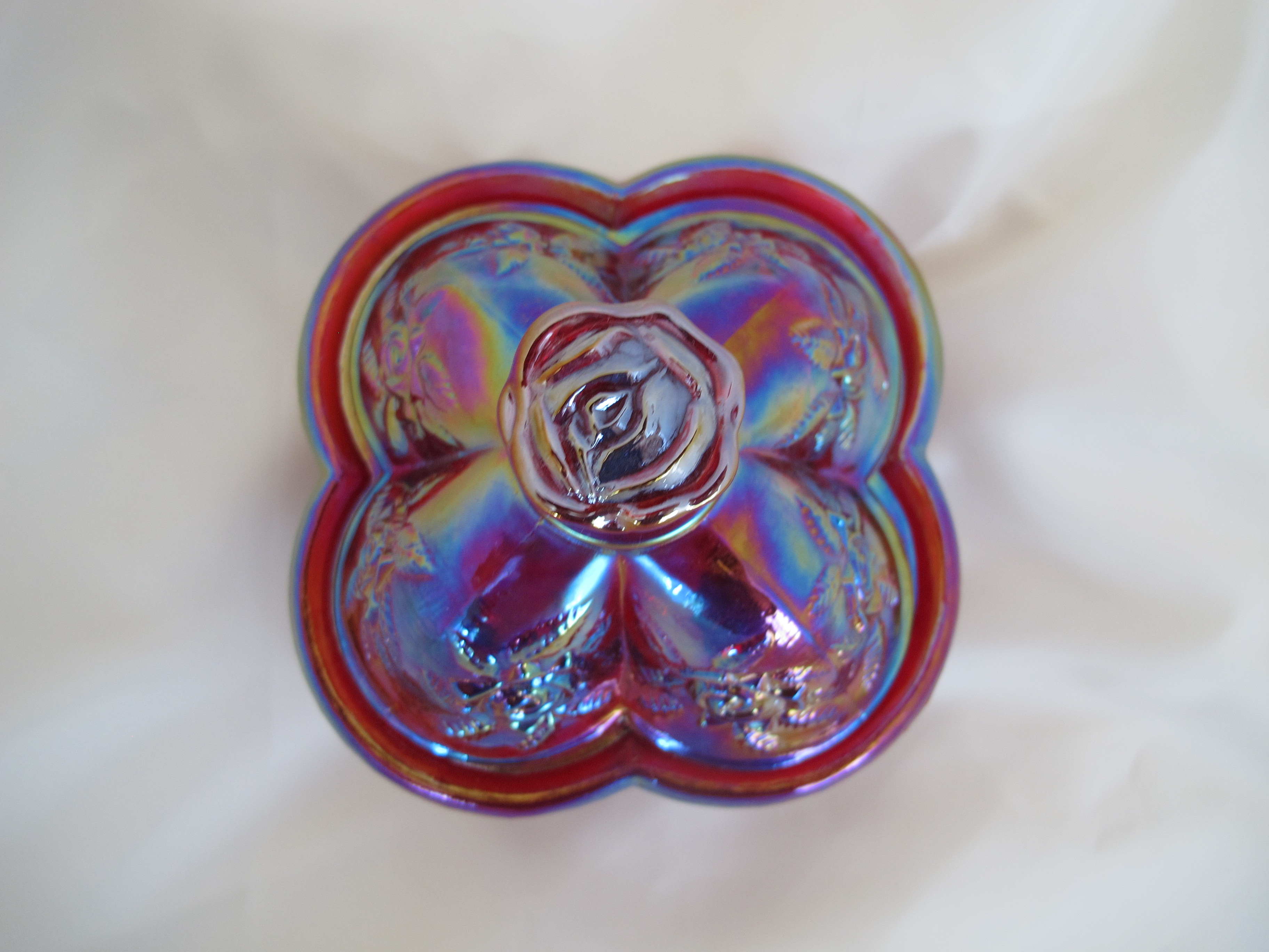 Fenton Red Roses Carnival Art Glass Trinket Jewelry Box Dish Carnival