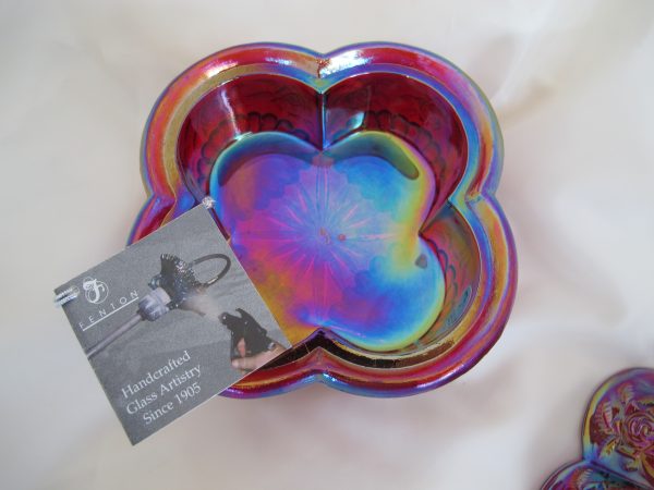 Fenton Red Roses Carnival Art Glass Trinket Jewelry Box Dish