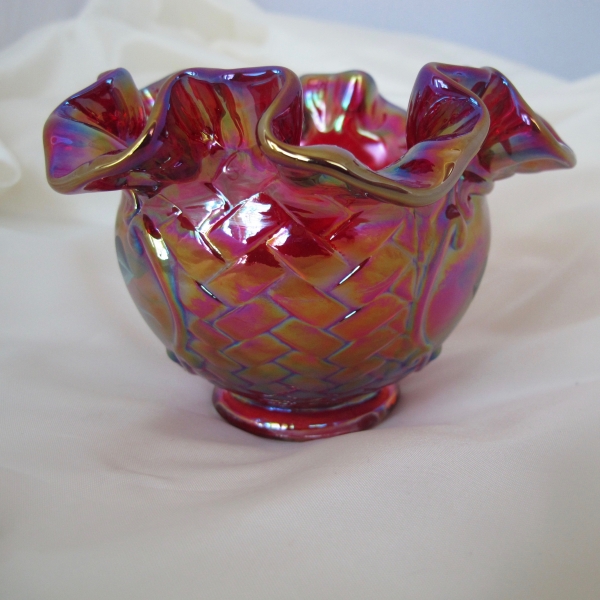Fenton Red Painted Flowers Iridescent Art Carnival Glass Vase