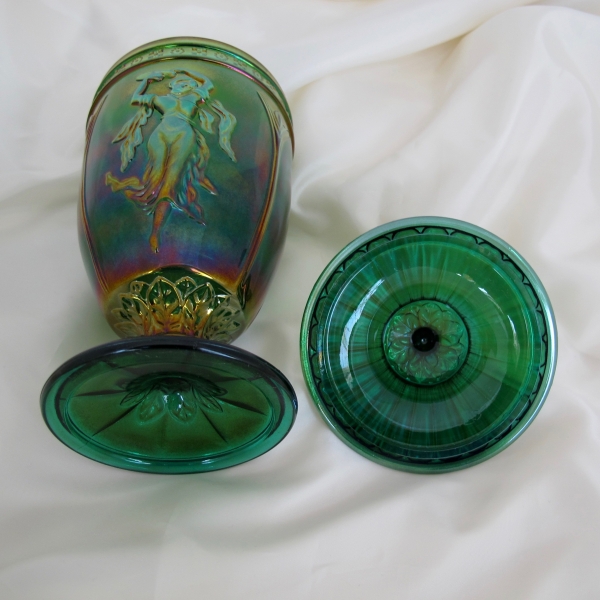 Fenton Green Dancing Ladies Carnival Glass Urn Candy Jar