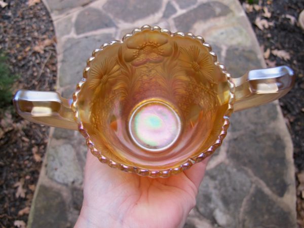 Antique US Glass Honey Amber Cosmos & Cane Carnival Glass Spooner Vase