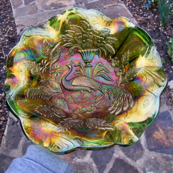 Antique Millersburg Radium Green Peacock Carnival Glass Large Bowl