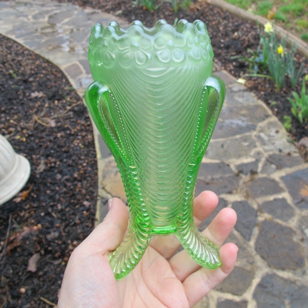 Antique Northwood Ice Green Daisy & Drape Carnival Glass Vase