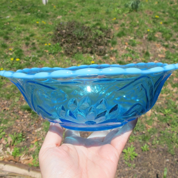 Antique Fenton Waterlily & Cattails Blue Opalescent Glass Bowl