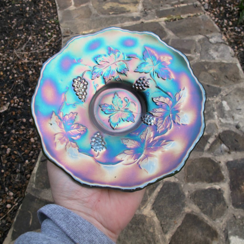 Antique Fenton Green Vintage Grape Carnival Glass Small Plate