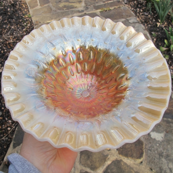 Antique Dugan Peach Opal Raindrops Carnival Glass Crimped Flat Plate