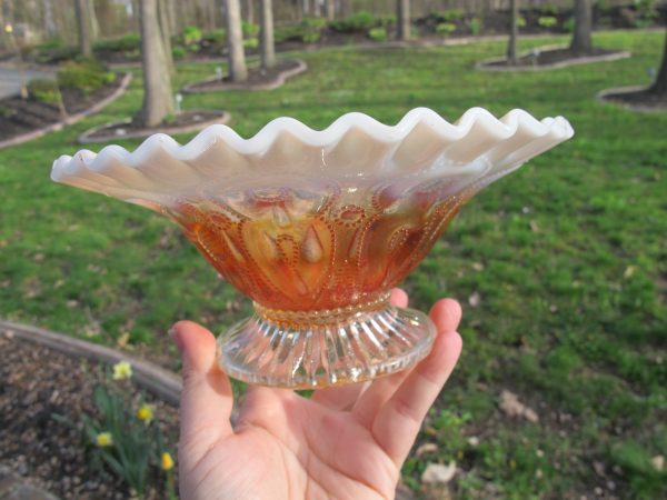 Antique Dugan Peach Opal Raindrops Carnival Glass Crimped Flat Plate