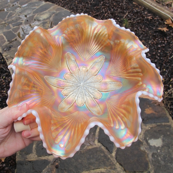 Antique Dugan Peach Opal Petal & Fan Carnival Glass Large Bowl