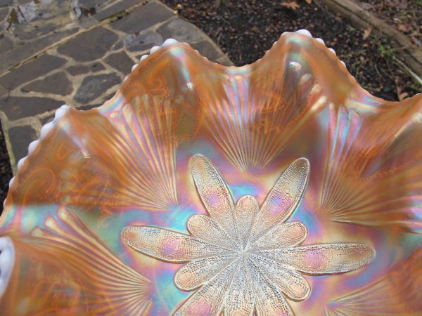 Antique Dugan Peach Opal Petal & Fan Carnival Glass Large Bowl