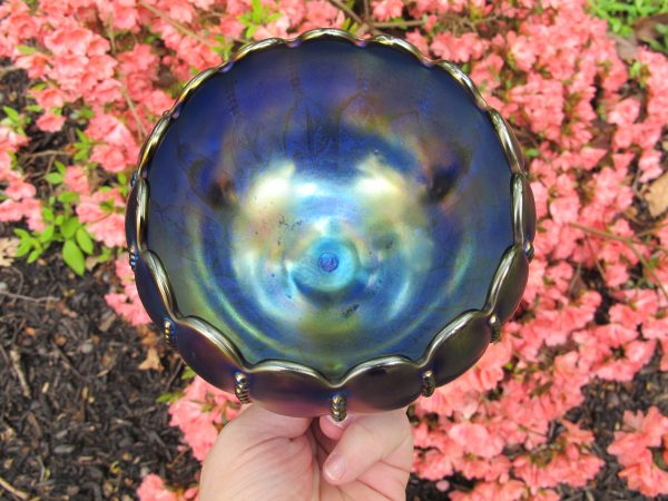 Antique Northwood Electric Blue Leaf & Beads Carnival Glass Rose Bowl