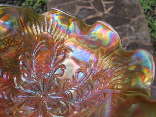 Antique U.S. Glass Honey Amber Cosmos & Cane Headdress Carnival Glass Bowl