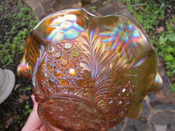 Antique U.S. Glass Honey Amber Cosmos & Cane Headdress Carnival Glass Bowl